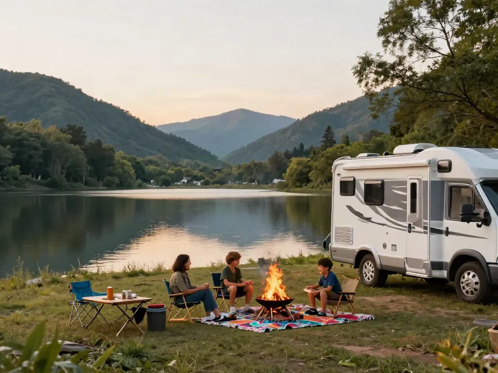 Lithium RV battery powering a camper at sunset by a tranquil lake.
