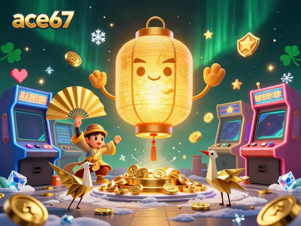 Engage with ace67's vibrant casino-themed illustration featuring golden lanterns and arcade games.