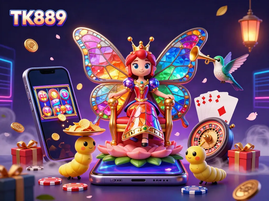 Experience the excitement of TK889 online casino with vibrant characters and games in a rich, energetic scene.