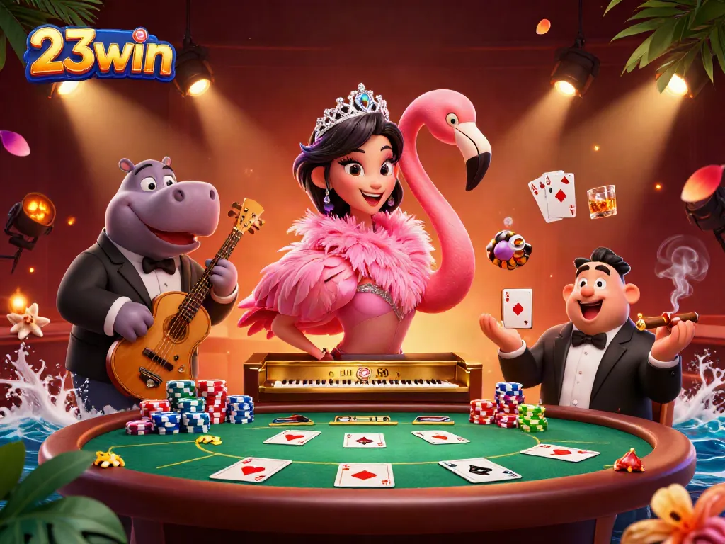 Engage with exciting casino action featuring 23win's vibrant characters in a lively setting.