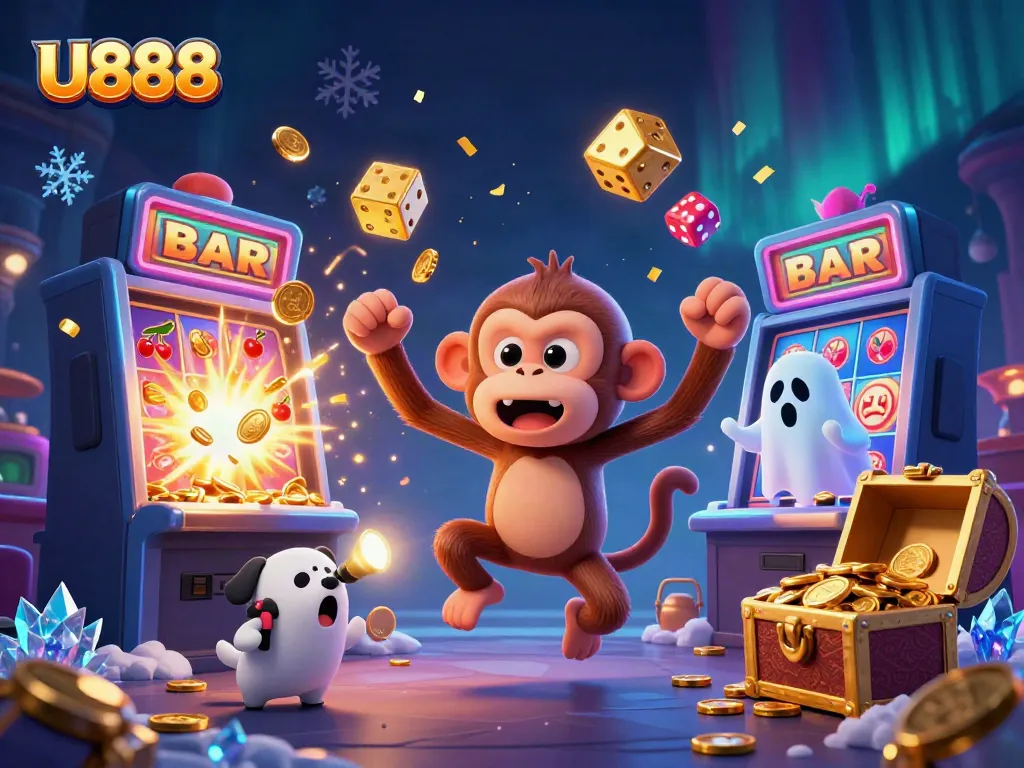 Experience thrilling gameplay at U888 with a mischievous monkey and ghost-hunting puppy in a vibrant casino.