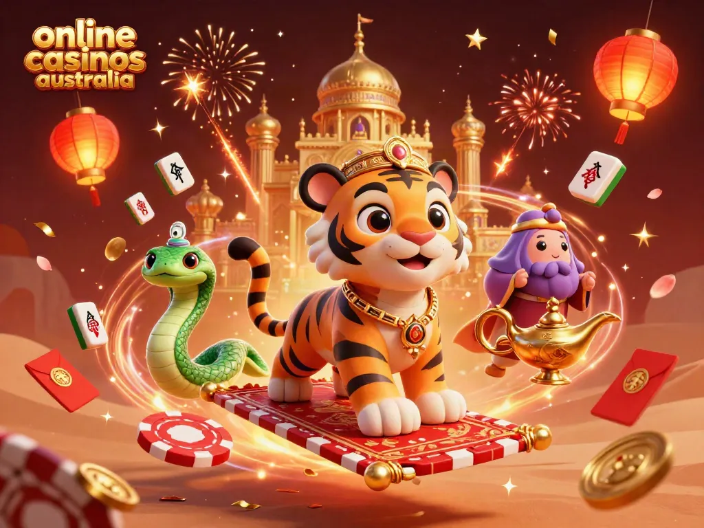 Engage with thrilling online casinos Australia through an enchanting 3D scene featuring a tiger sultan and a genie.