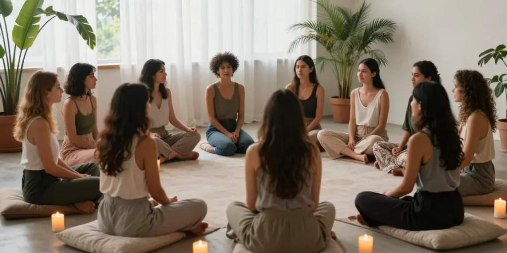 Empowering women sharing insights on sexual energy in a serene setting.