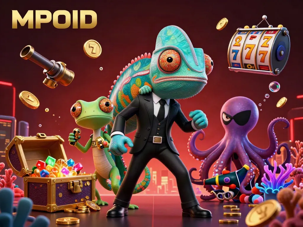 MPOID illustrates a vibrant casino scene with a chameleon, gecko, and octopus amidst slot reels and gold coins.