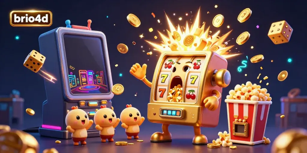 Experience the excitement of brio4d with a golden slot machine hitting a jackpot in a vibrant casino scene.