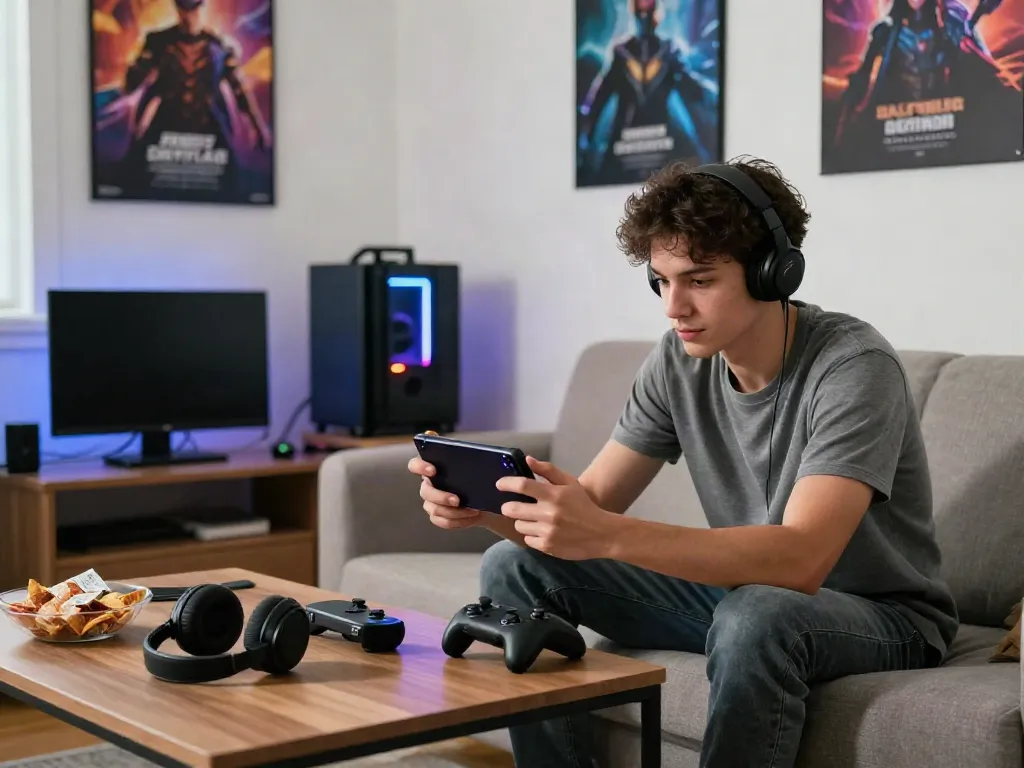 Engaged gamer playing with a mod apk on smartphone in lively living room.
