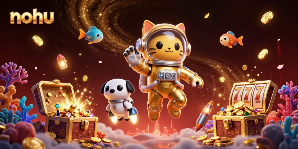 NoHu's lively gaming world features a cat astronaut and robot dog amidst galactic treasures.