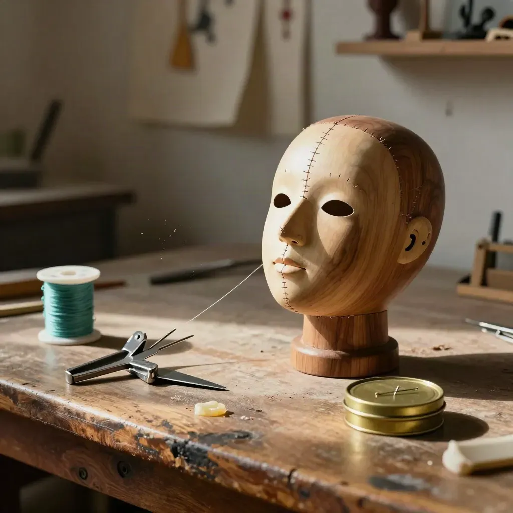 Repaired puppet head with seams, clamps, thread, and needle tin on a workshop bench