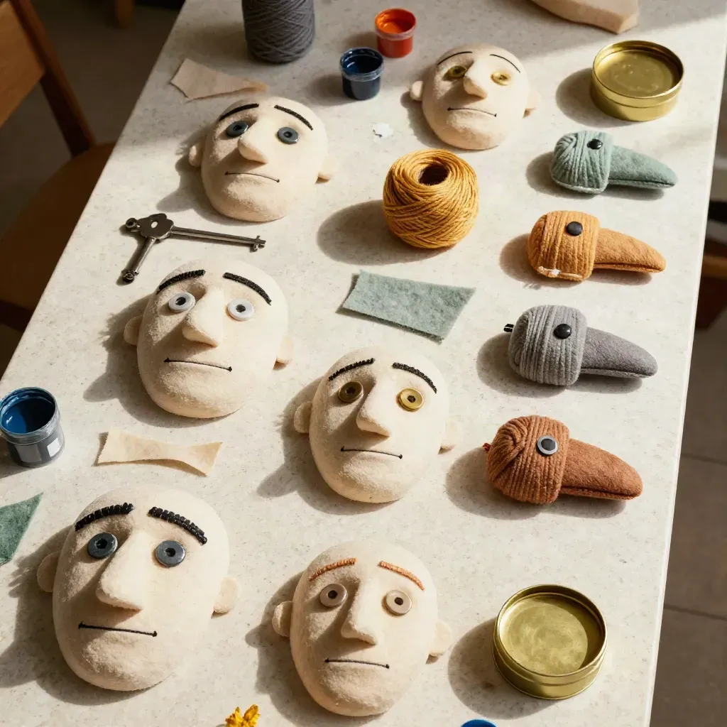 Top-down workshop table with puppet faces, felt scraps, yarn coils and gold trim on pale stone.
