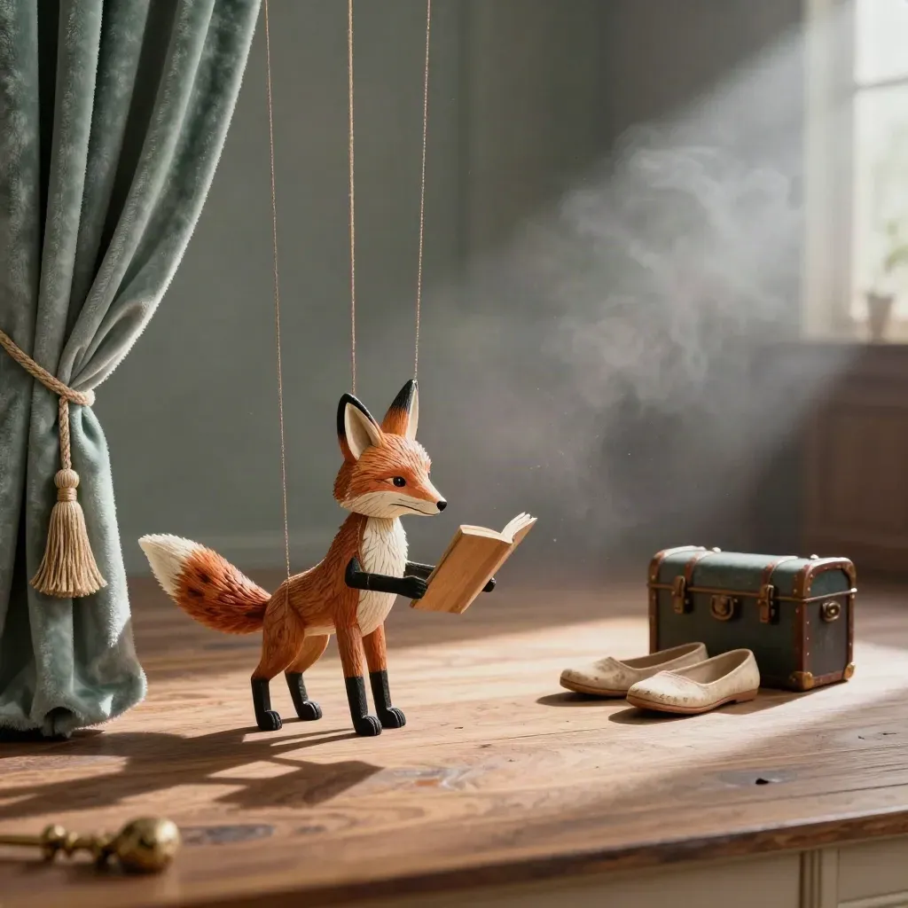 Mini puppet stage kit with marionette fox, rabbit head, curtains and props in morning light