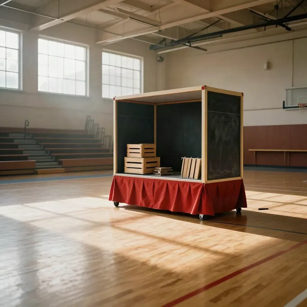 Empty school gym with a puppet booth, lesson props, folded risers, and soft morning light.