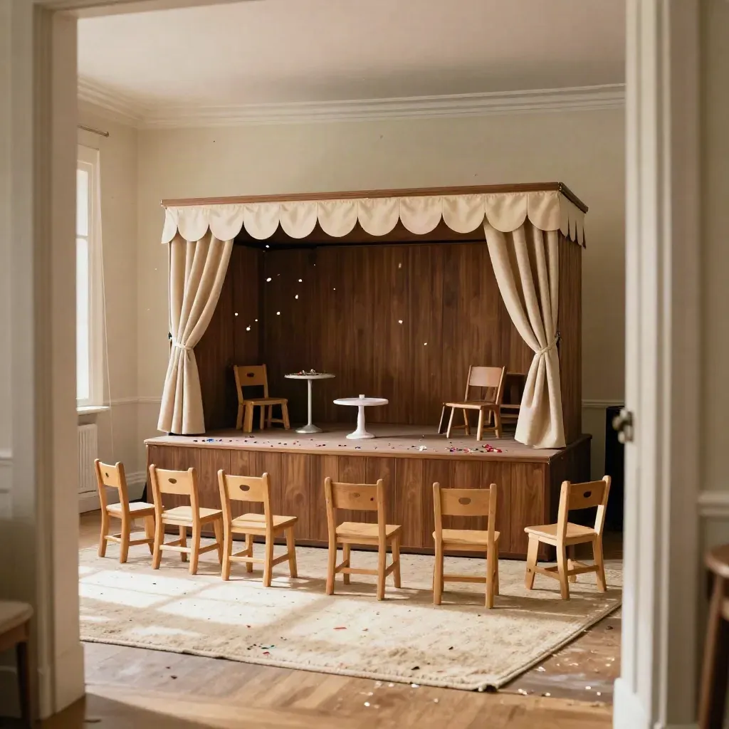 Cozy birthday puppet stage with bunting, cake stand, confetti, and empty child chairs.