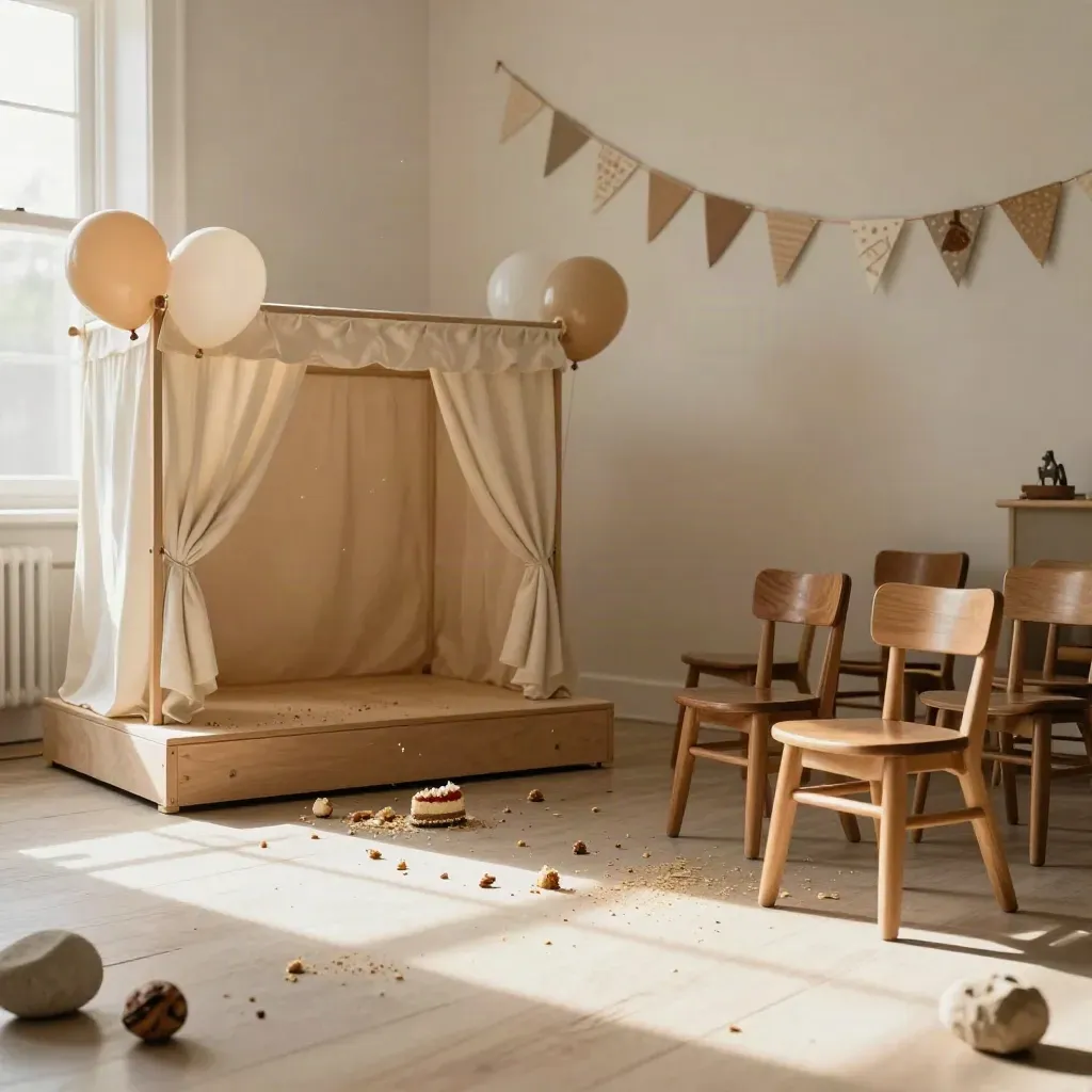 Empty birthday room after a puppet show, with stage, balloons, crumbs, and stacked chairs.