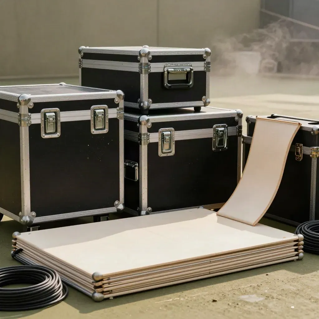 Macro of road cases, coiled cables, and stage flats in a theater loading bay.