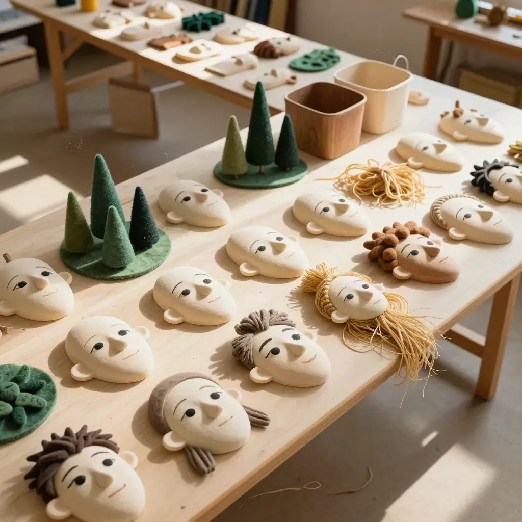 Overhead of drying puppet faces, foam forms and yarn bundles on camp workshop tables.