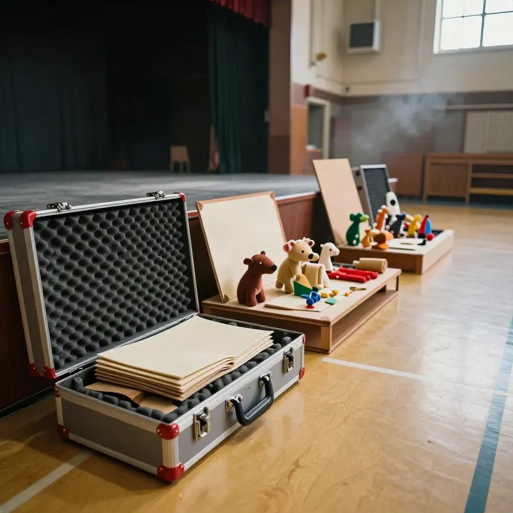 School hall with twin puppet setups, road cases, stage flats and props ready for assembly day.