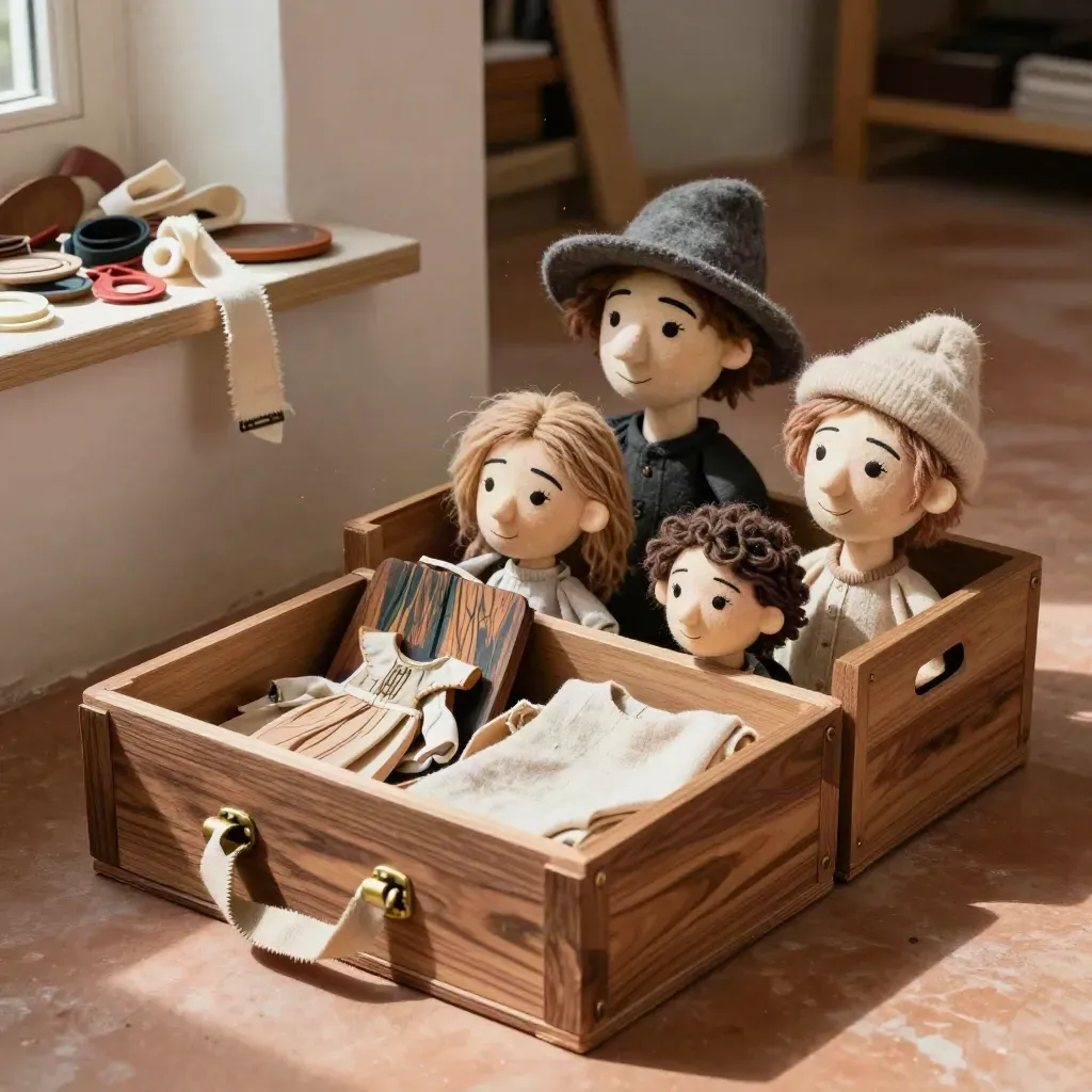 Open crates of puppet heads, hats, scenery flats, and costume pieces in warm studio light.