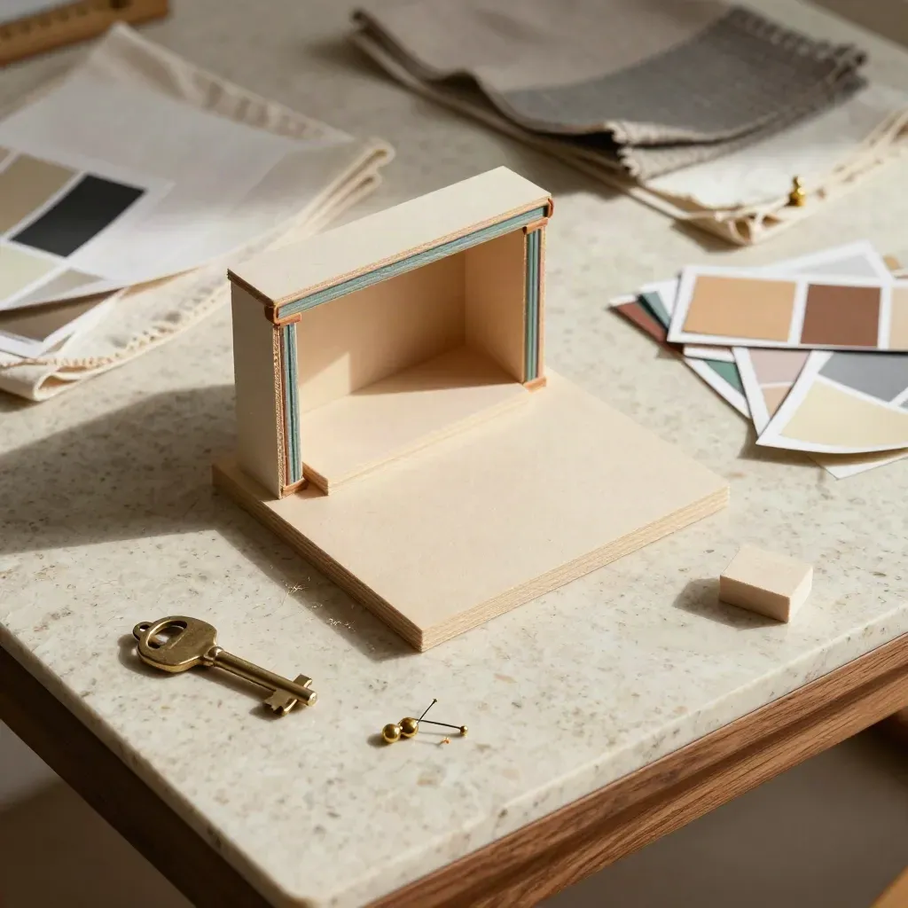 Miniature stage maquette, fabric swatches, brass pins and scenic blocks on travertine