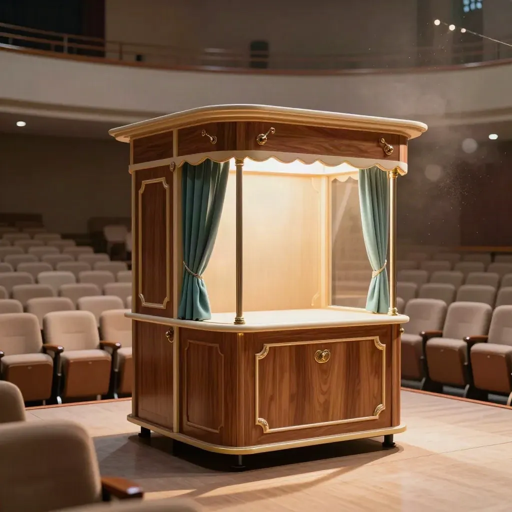 Empty puppet-show venue with glowing stage booth and diagonal rows of seats in warm haze.