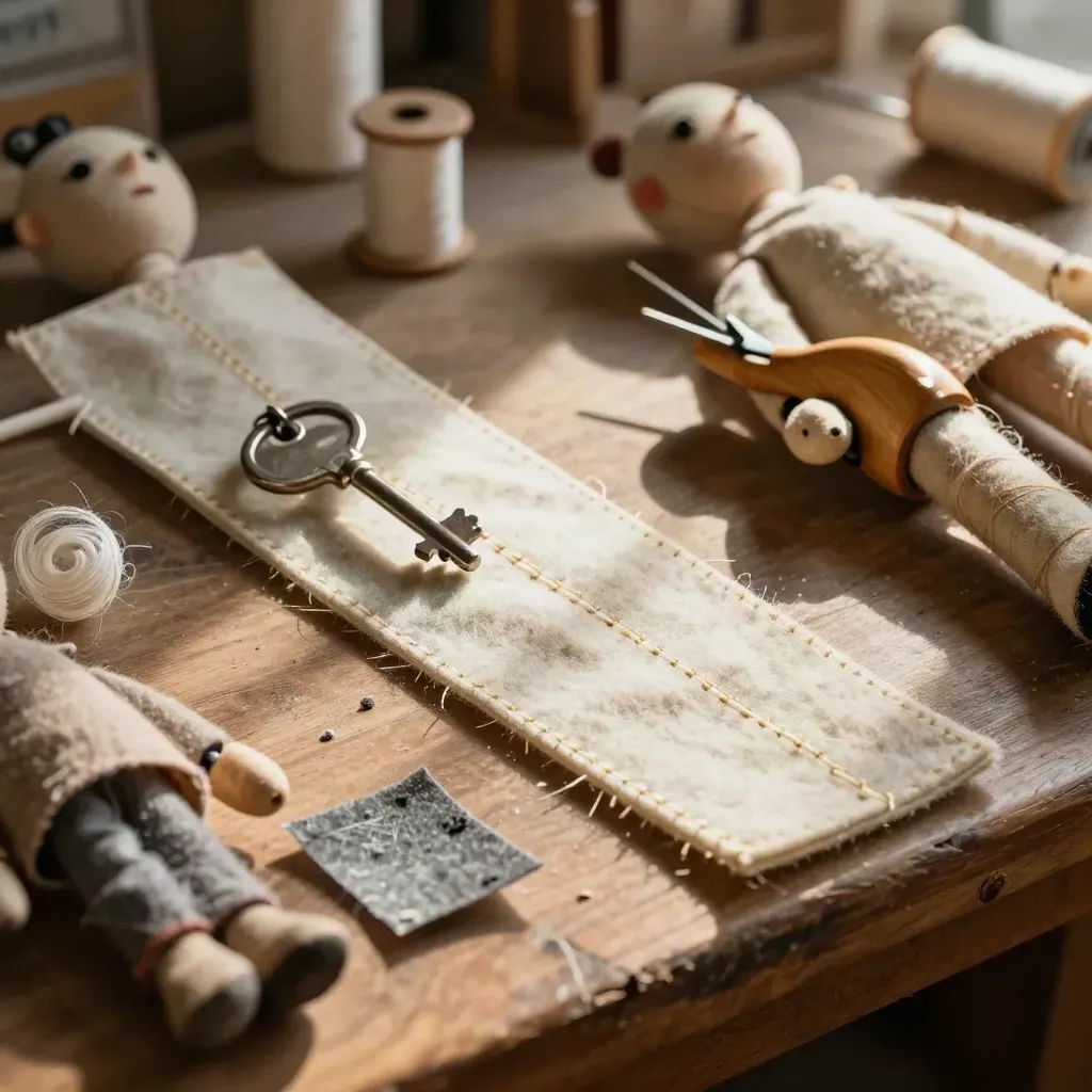 Restored hand puppets drying on a repair bench with stitching, felt, thread spools, and clamps.