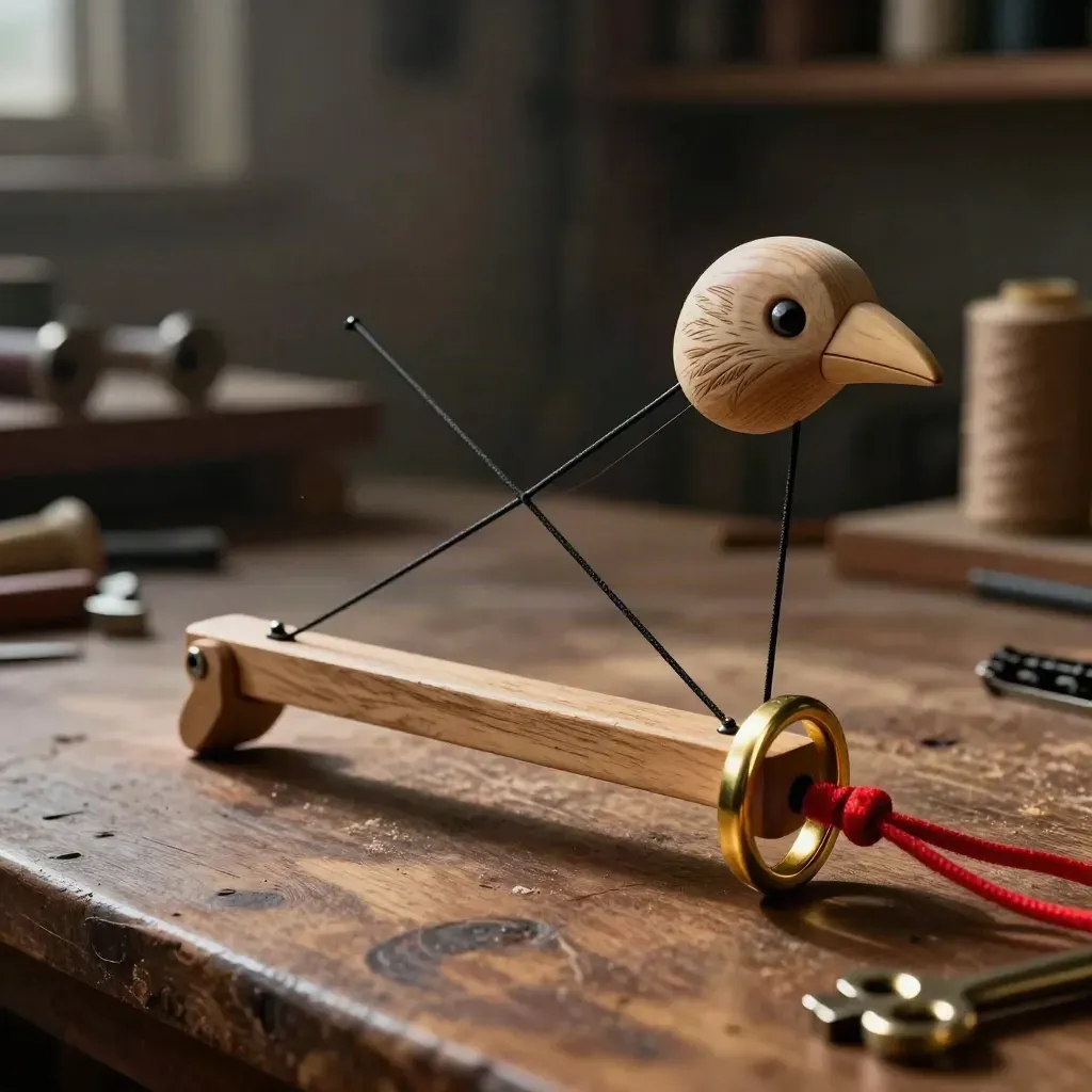 Marionette tools on a walnut bench: bird puppet head, strings, crossbar, brass rings