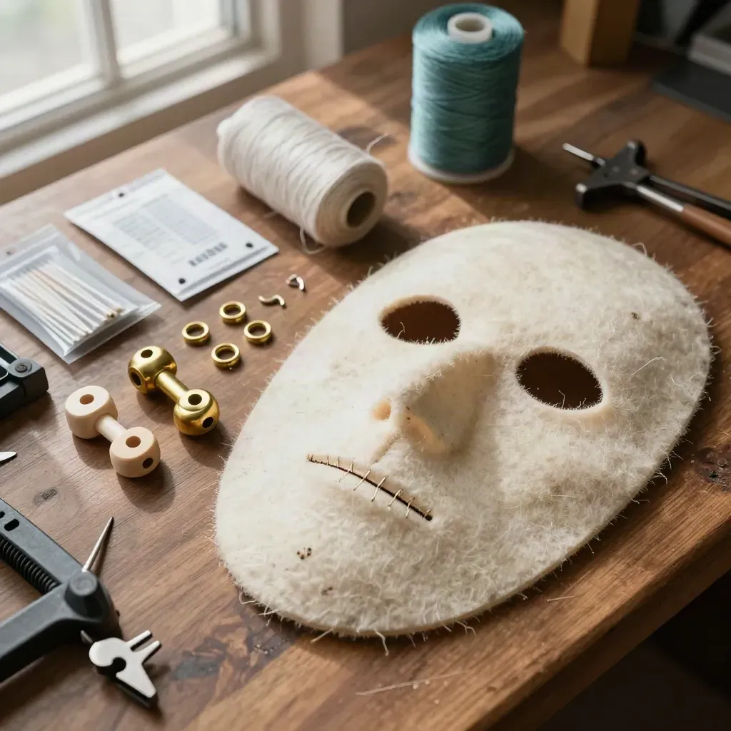 Repair tools and puppet joints on a worn workbench, lit by soft daylight.