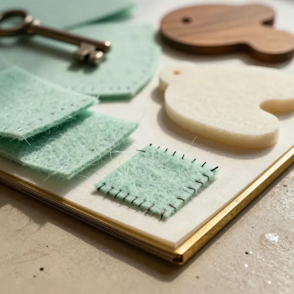 Macro felt, foam and seam samples with a brass pattern weight on a workbench.