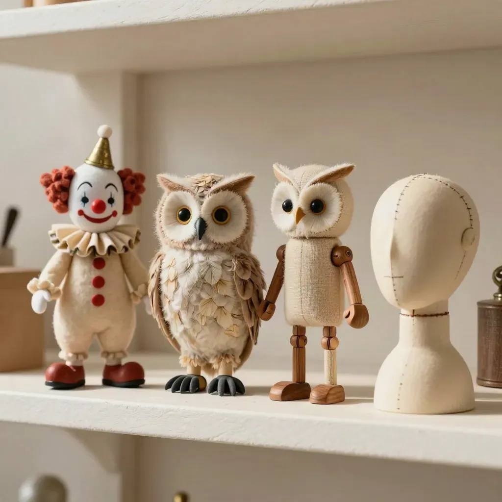 Four miniature puppet archetypes in a neat row on a pale plaster shelf, softly lit.