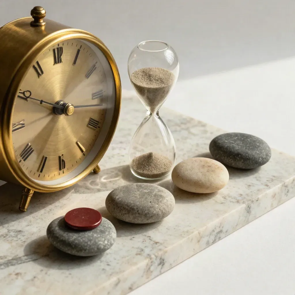 Brass clock, sand timer, smooth stones and crimson stage token on pale stone.