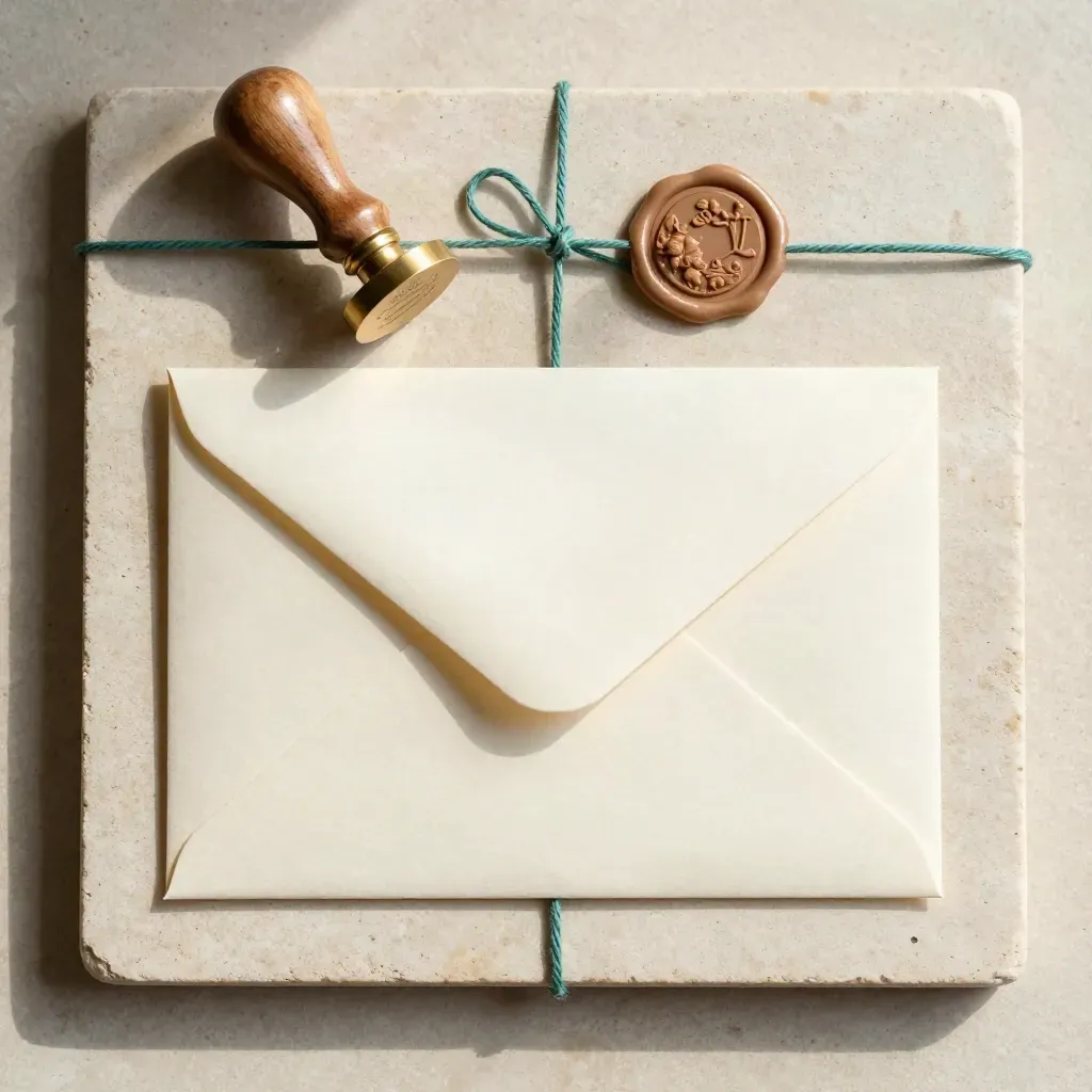 Overhead flatlay of a sealed envelope, brass stamp, wax seal puck and twine on pale stone.