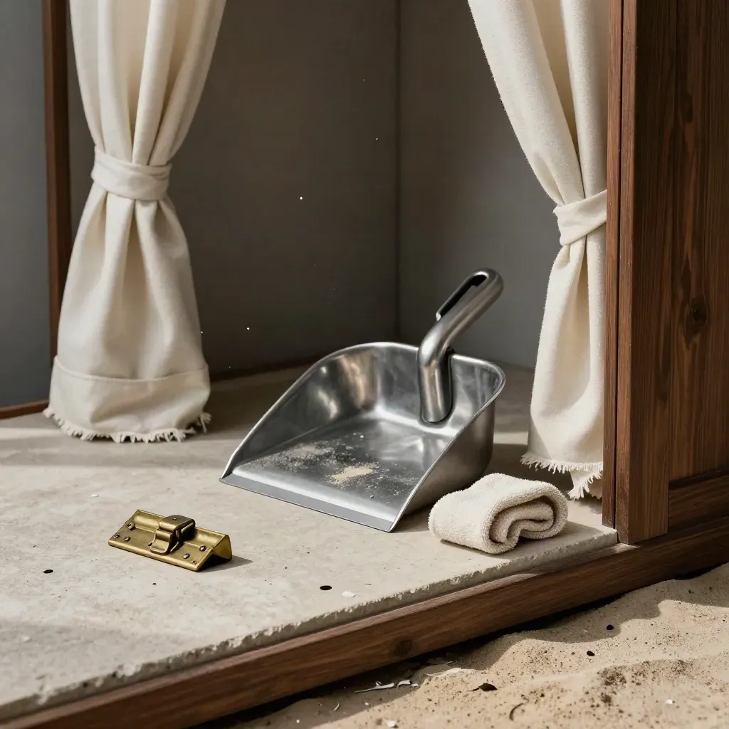 Empty puppet booth tools on a stone tray with dustpan, latch, curtain ties and a stage towel