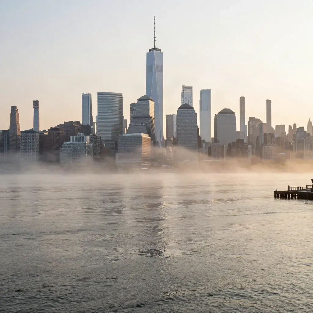 Manhattan skyline emerging from Hudson River fog at sunrise, wide calm water foreground