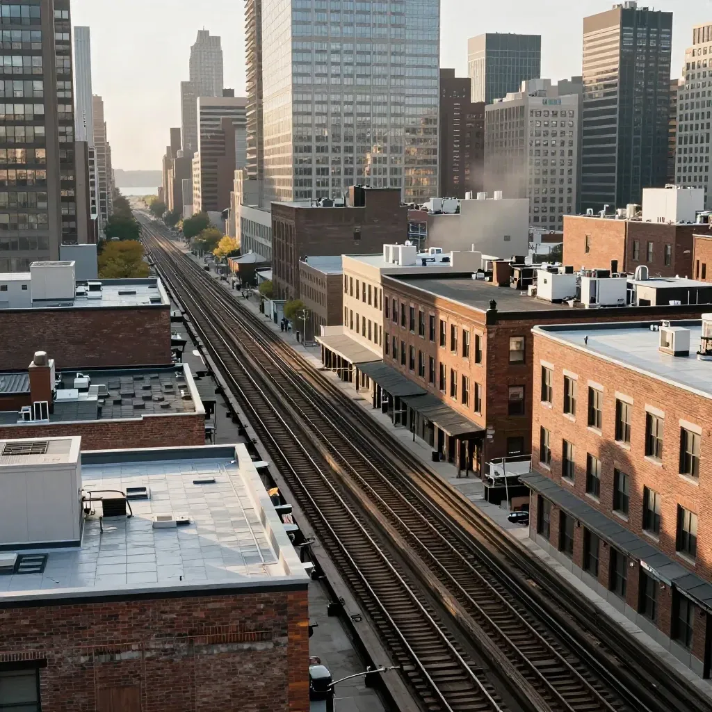 Sunlit Jersey City and Hoboken rooftops with rail line and distant Manhattan edge