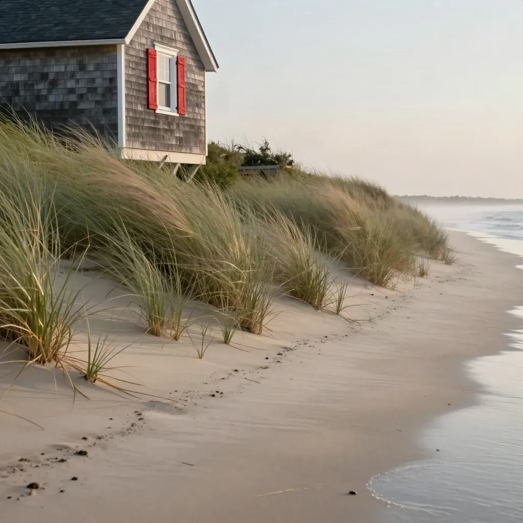 Long Island dunes, shoreline house, bay grass, and hazy tidal flats at sunset.