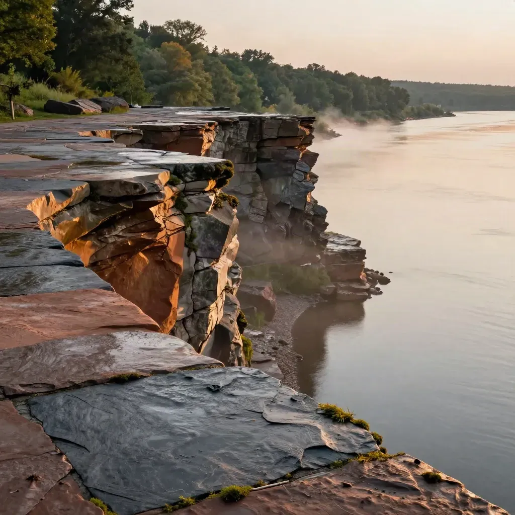 Wet Hudson bluffs and stone terraces above the river in soft golden drizzle haze