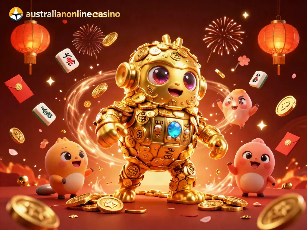 Experience the excitement of australianonlinecasino with a vibrant 3D cartoon scene featuring a golden golem, confetti, and festive game symbols.