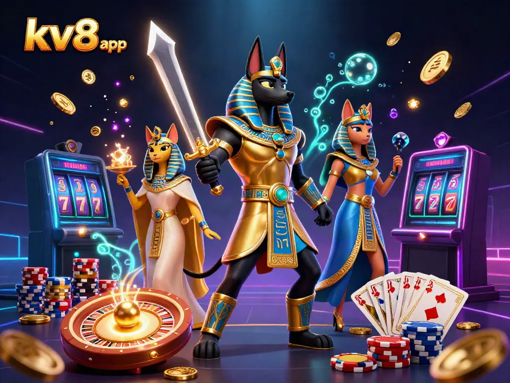 Experience the thrill of the kv8 app with Anubis and Bastet amidst vibrant casino elements.