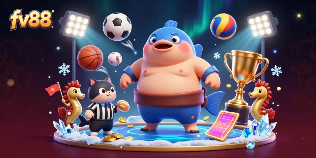 Experience thrilling betting action with fv88 featuring an underwater scene with a fugu, referees, and sports elements.