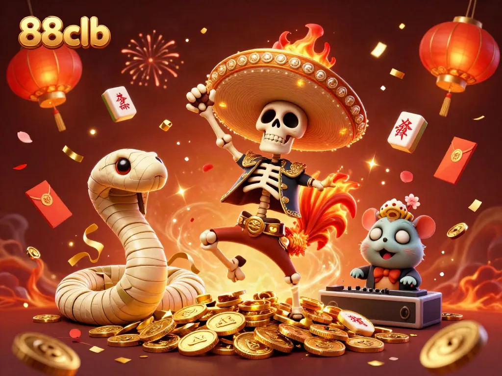 Celebrate with 88clb at an exciting casino scene featuring lively characters amidst golden coins.