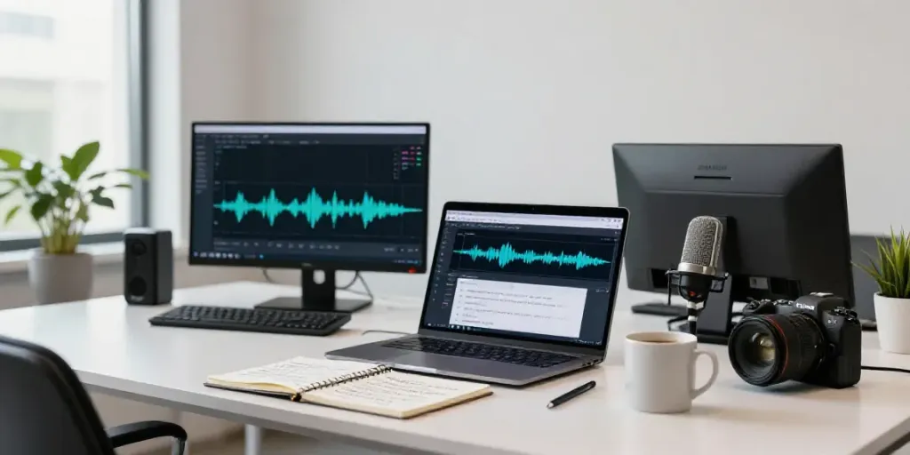 Professional setting showcasing affordable AI audio transcription tools and workspace.