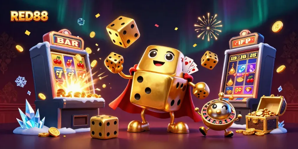 Experience the excitement of RED88 with dynamic golden dice and slot machines bursting with winnings.