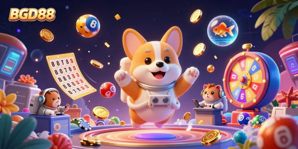 Experience immersive BGD88 gaming with a floating astronaut corgi, vibrant lottery balls, and casino elements.