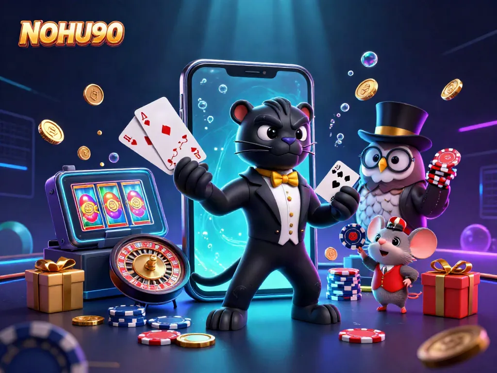 NOHU90 showcases a stylish panther dealing cards amid vibrant gaming elements, emphasizing casino excitement.