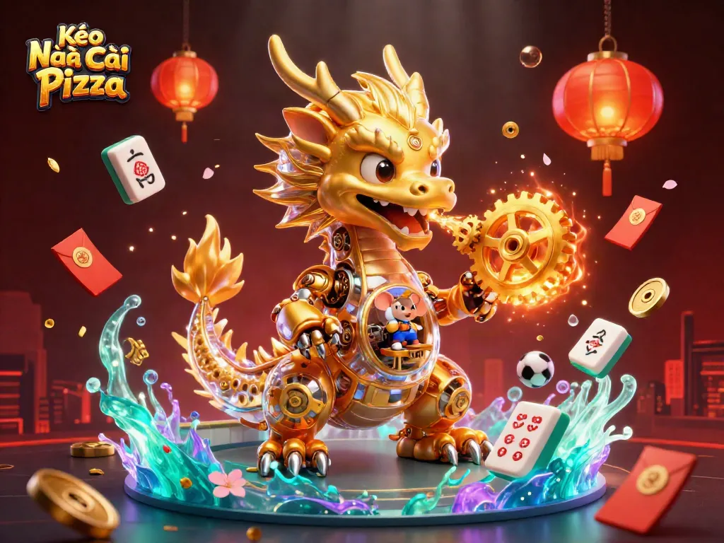Experience the excitement of Kèo Nhà Cái Pizza with a dynamic 3D illustration showcasing vibrant gaming elements.