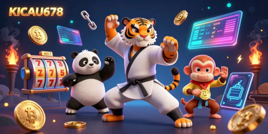 KICAU678 presents a vibrant gambling scene with a kung fu tiger, panda disciple, and monkey student amidst glowing coins and slot reels.