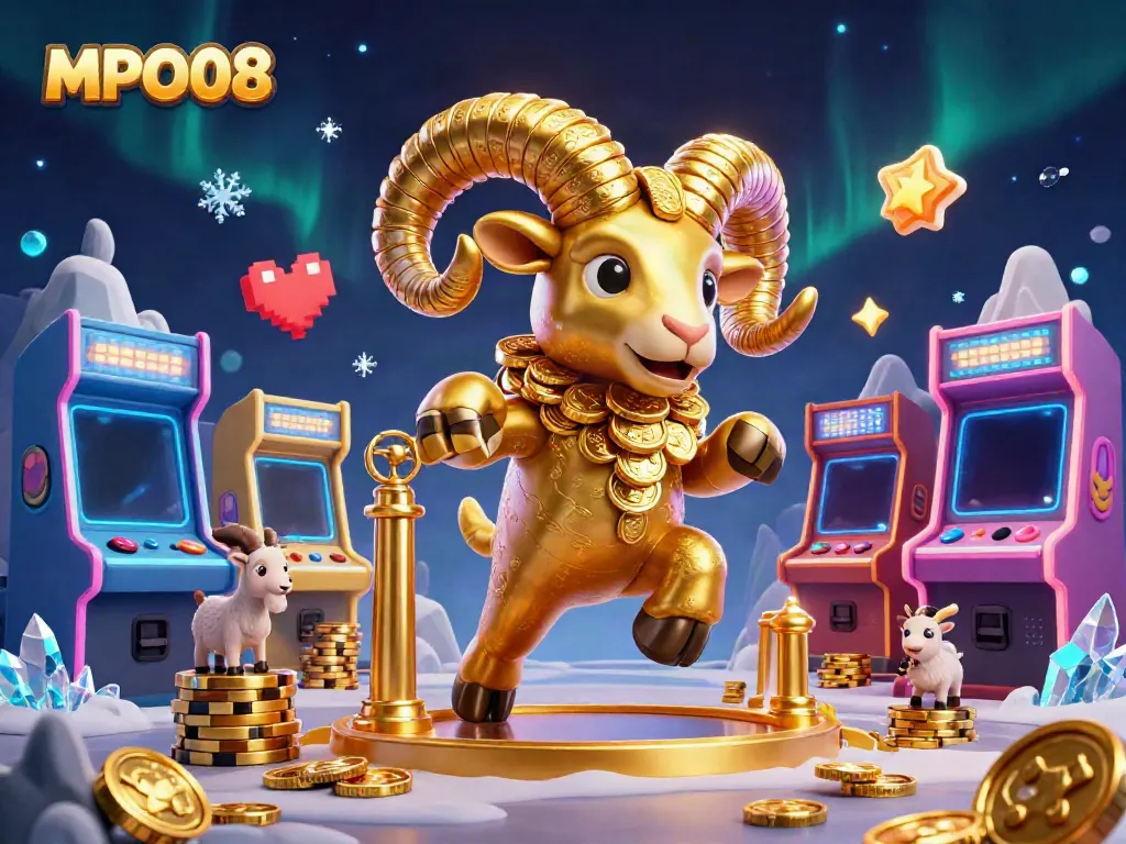 Experience thrilling gameplay and wins at MPO08, surrounded by colorful gaming machines and lively characters.