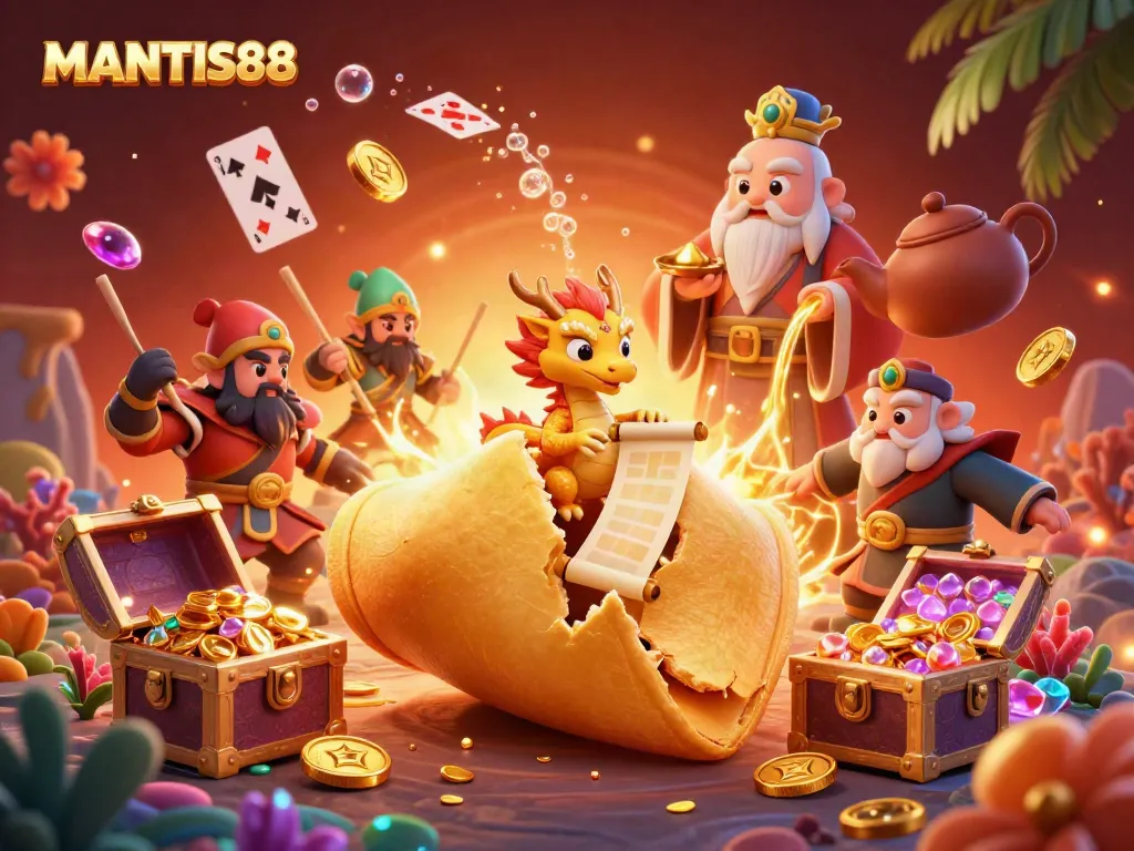 MANTIS88 showcases vibrant interactive games with golden elements and dynamic characters.