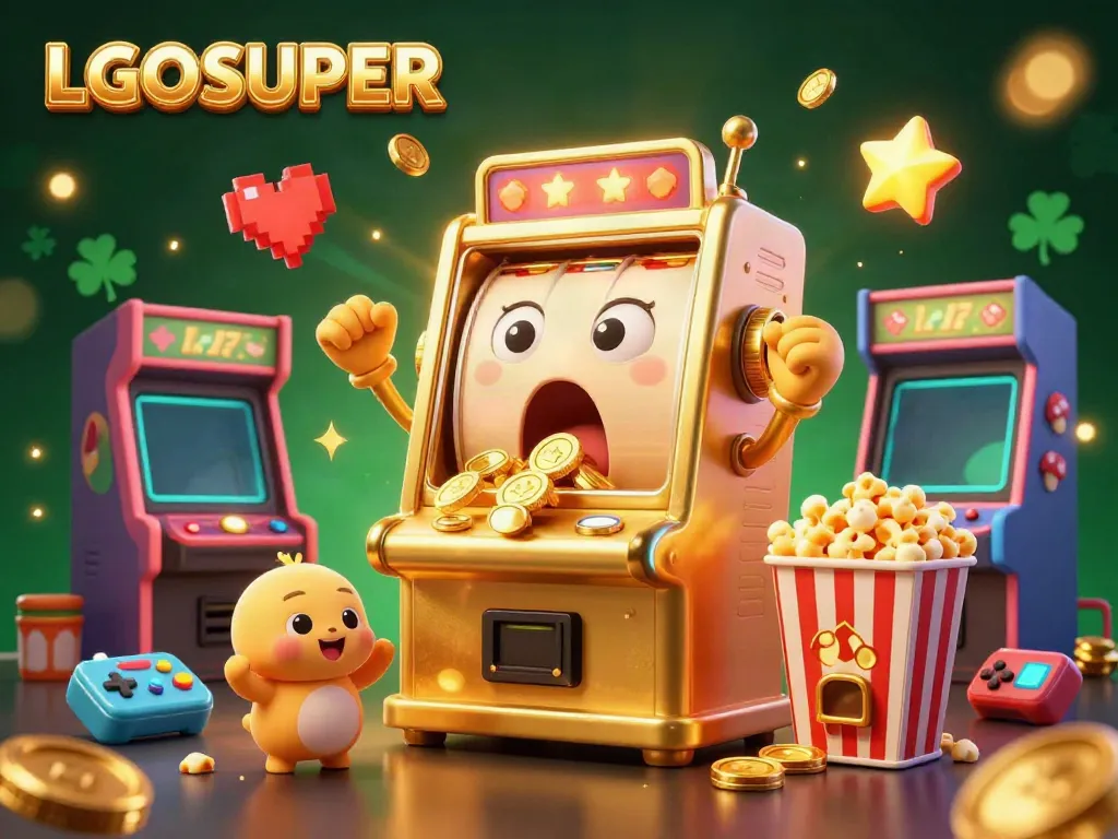 Engaging scene showcasing LGOSUPER with a golden slot machine hitting a jackpot, surrounded by cheering baby slots and vibrant game elements.