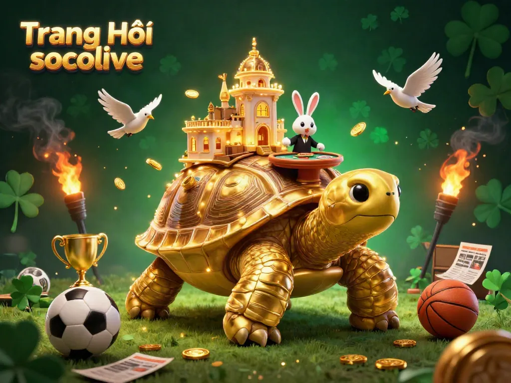 Sparking bets on Trang Chủ socolive with a vibrant scene of a golden tortoise casino and engaging dealer.