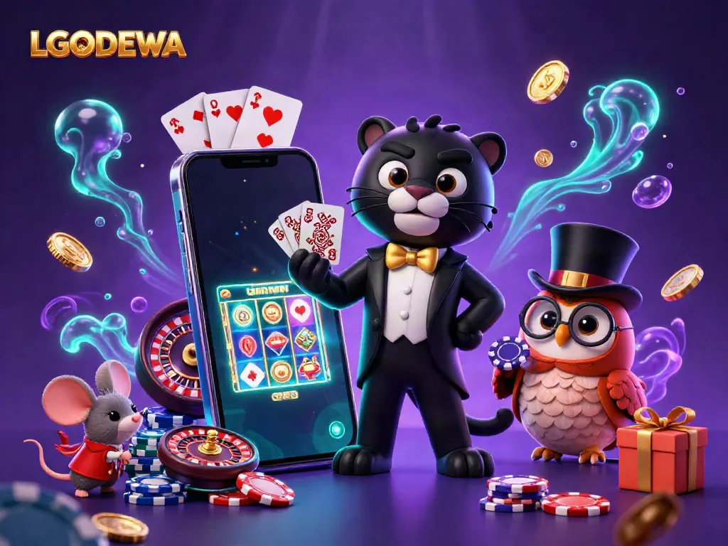 Engage in thrilling gaming action with LGODEWA's dynamic 3D casino scene featuring vibrant characters and colorful game elements.